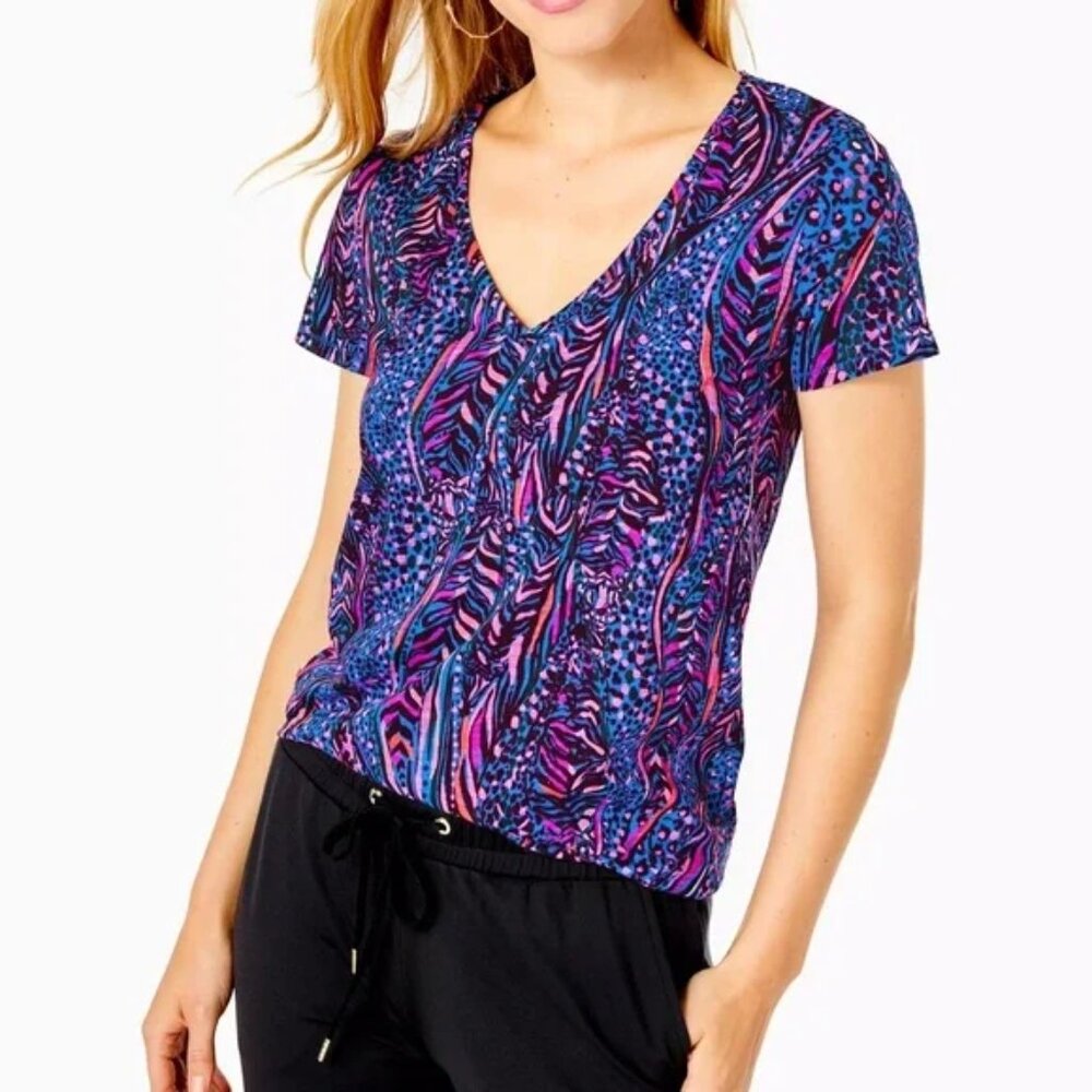 Lilly Pulitzer Women’s Etta V-Neck Top in Blue Flare Always Pawsitive size M